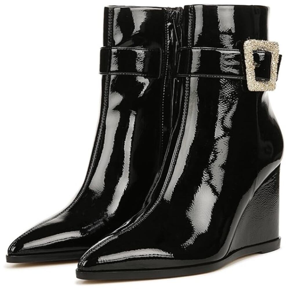 Sam Edelman Womens Weslie Wedge Heeled Bootie Size 6 Black Vegan Patent NWOB